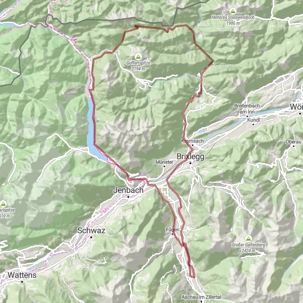 Miniature de la carte de l'inspiration cycliste "Parcours autour du lac Achensee" dans la Tirol, Austria. Générée par le planificateur d'itinéraire cycliste Tarmacs.app