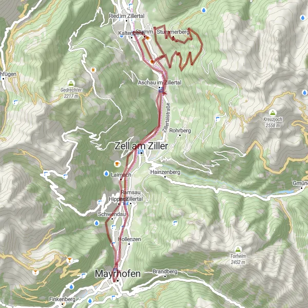 Kartminiatyr av "Grusvei-eventyr til Mayrhofen og Aschau im Zillertal" sykkelinspirasjon i Tirol, Austria. Generert av Tarmacs.app sykkelrutoplanlegger