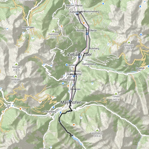 Miniatura della mappa di ispirazione al ciclismo "Passeggiata in bicicletta da Stumm: Ramsau im Zillertal" nella regione di Tirol, Austria. Generata da Tarmacs.app, pianificatore di rotte ciclistiche