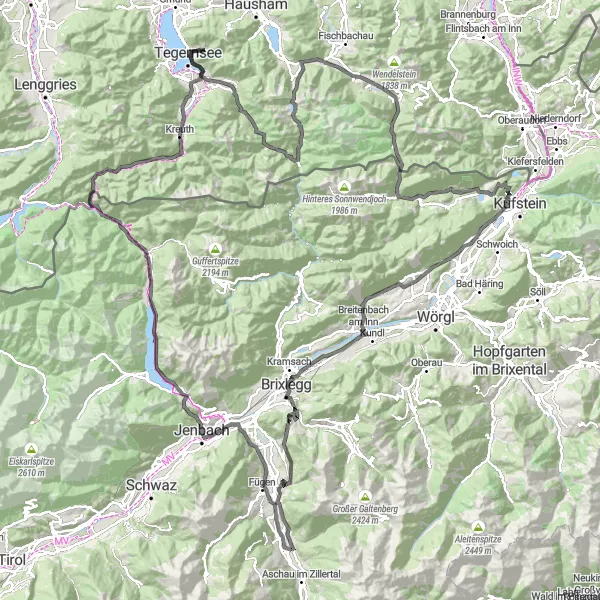 Miniaturekort af cykelinspirationen "Fra Stumm til Tegernsee og tilbage" i Tirol, Austria. Genereret af Tarmacs.app cykelruteplanlægger