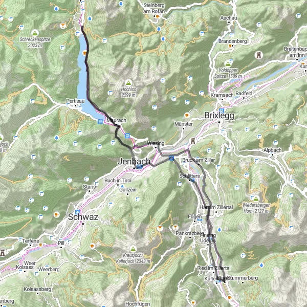 Mapa miniatúra "Jazda cez vodopády Zillertalu" cyklistická inšpirácia v Tirol, Austria. Vygenerované cyklistickým plánovačom trás Tarmacs.app