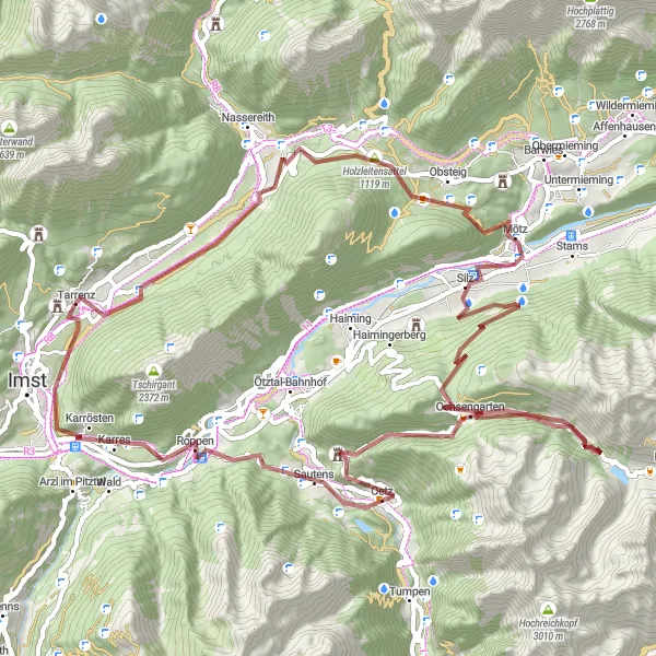 Miniatua del mapa de inspiración ciclista "Ruta de ciclismo de gravilla a Roppen y Oetz" en Tirol, Austria. Generado por Tarmacs.app planificador de rutas ciclistas