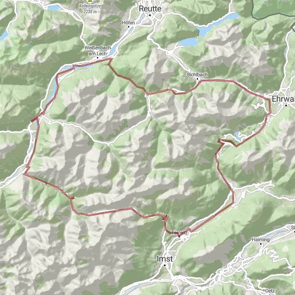 Miniatua del mapa de inspiración ciclista "Ruta Gravel a través de Hahntennjoch y Nassereith" en Tirol, Austria. Generado por Tarmacs.app planificador de rutas ciclistas