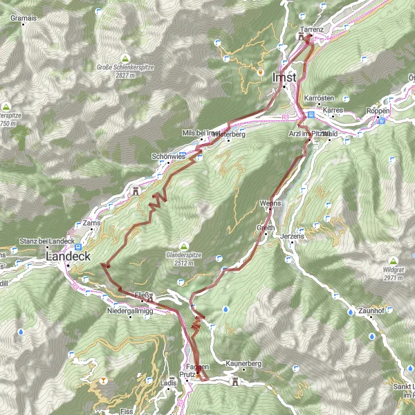 Miniaturní mapa "Štěrk: Tarrenz - Wetterkreuz - Imst - Schönwies - Faggen - Pillerhöhe - Wenns - Schloss Starkenberg - Tarrenz" inspirace pro cyklisty v oblasti Tirol, Austria. Vytvořeno pomocí plánovače tras Tarmacs.app