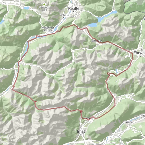 Miniatua del mapa de inspiración ciclista "Desafío Gravel en Hahntennjoch y Zugspitzblick" en Tirol, Austria. Generado por Tarmacs.app planificador de rutas ciclistas