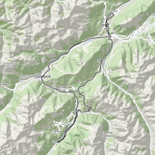 Karttaminiaatyyri "Tarrenz - Arzl im Pitztal - Kreuzjöchlblick - Pillerhöhe - Faggen - Fließ - Burschlboden - Schönwies (88km, 1725m ascent)" pyöräilyinspiraatiosta alueella Tirol, Austria. Luotu Tarmacs.app pyöräilyreittisuunnittelijalla