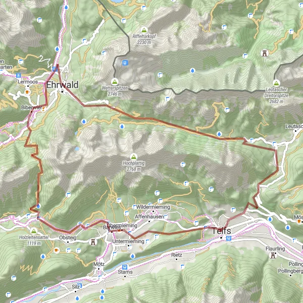 Map miniature of "Telfs to Ehrwald Gravel Loop" cycling inspiration in Tirol, Austria. Generated by Tarmacs.app cycling route planner