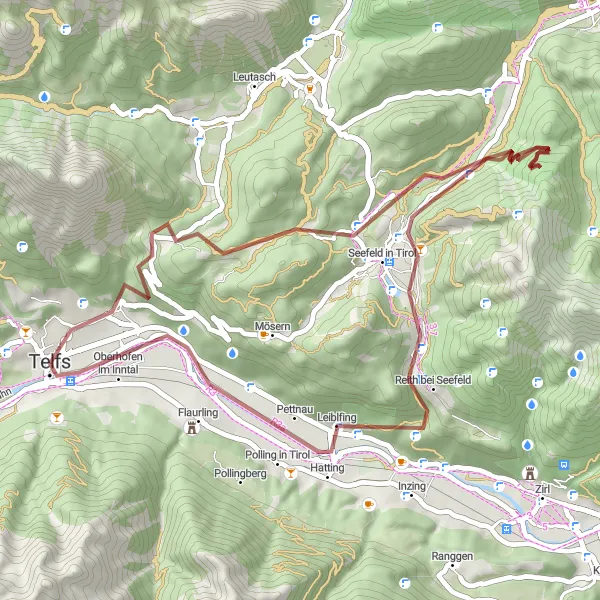 Zemljevid v pomanjšavi "Divje poti okoli Telfsa" kolesarske inspiracije v Tirol, Austria. Generirano z načrtovalcem kolesarskih poti Tarmacs.app