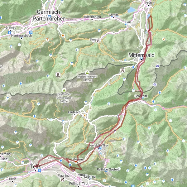 Kartminiatyr av "Gschwandtkopf og Mittenwald Gravel Tur" sykkelinspirasjon i Tirol, Austria. Generert av Tarmacs.app sykkelrutoplanlegger