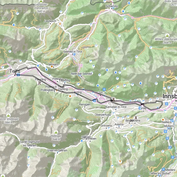 Miniatura mapy "Trasa szosowa przez Besucherterasse i Zirler Berg" - trasy rowerowej w Tirol, Austria. Wygenerowane przez planer tras rowerowych Tarmacs.app