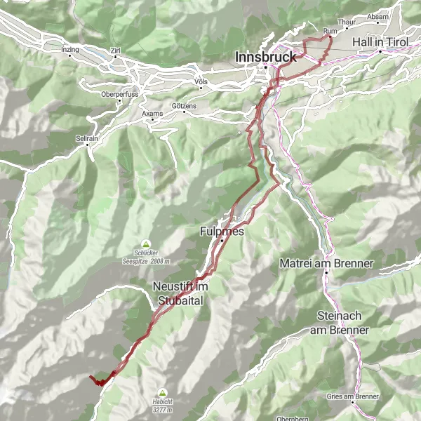 Miniatua del mapa de inspiración ciclista "Ruta de Grava Thaur-Schönberg im Stubaital" en Tirol, Austria. Generado por Tarmacs.app planificador de rutas ciclistas