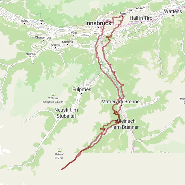 Mapa miniatúra "Gravel Tour Tirol - Lanser Kopf to Rum" cyklistická inšpirácia v Tirol, Austria. Vygenerované cyklistickým plánovačom trás Tarmacs.app