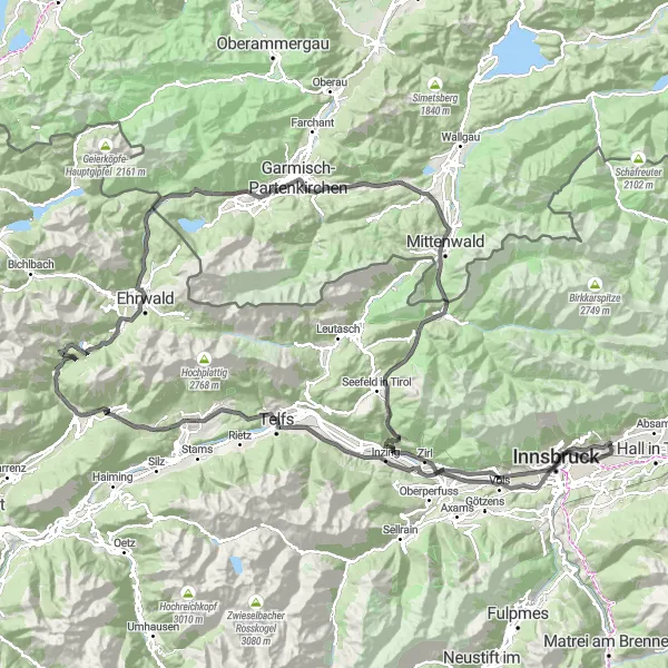 Miniatua del mapa de inspiración ciclista "Ruta de Carretera Thaur-Garmisch-Partenkirchen" en Tirol, Austria. Generado por Tarmacs.app planificador de rutas ciclistas