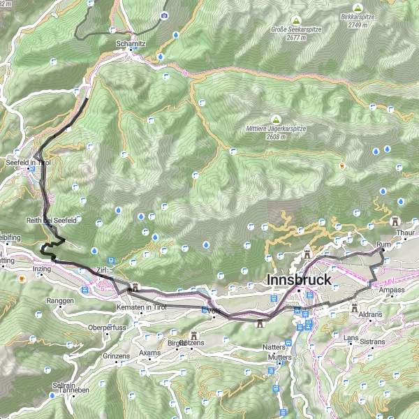 Karttaminiaatyyri "Historiallinen seikkailu Zirlin kylässä" pyöräilyinspiraatiosta alueella Tirol, Austria. Luotu Tarmacs.app pyöräilyreittisuunnittelijalla