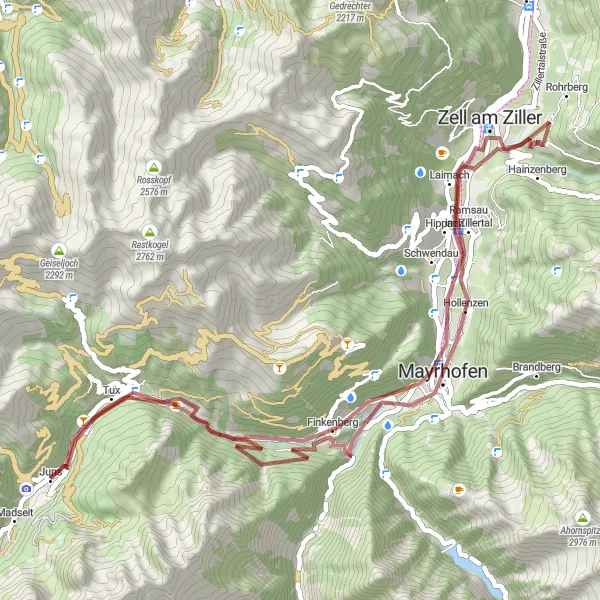 Miniature de la carte de l'inspiration cycliste "Balade à Finkenberg - Laimach - Mayrhofen" dans la Tirol, Austria. Générée par le planificateur d'itinéraire cycliste Tarmacs.app