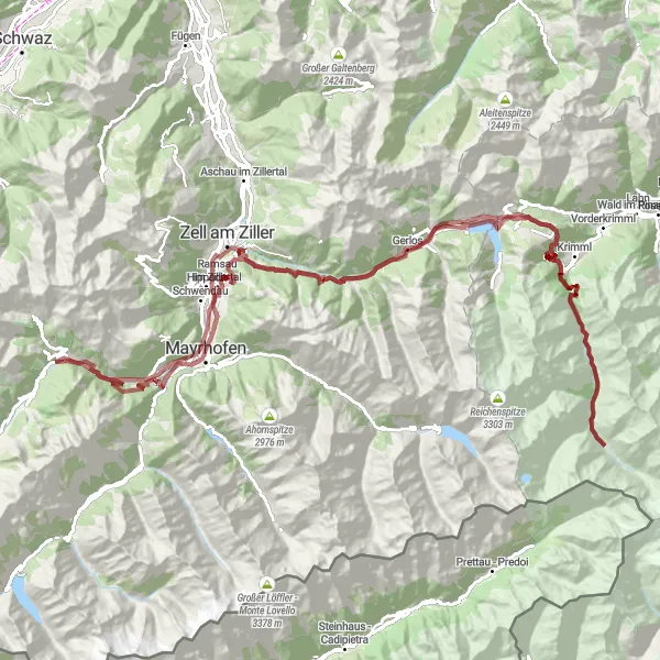 Karten-Miniaturansicht der Radinspiration "Die Herausforderung von Tux nach Finkenberg" in Tirol, Austria. Erstellt vom Tarmacs.app-Routenplaner für Radtouren