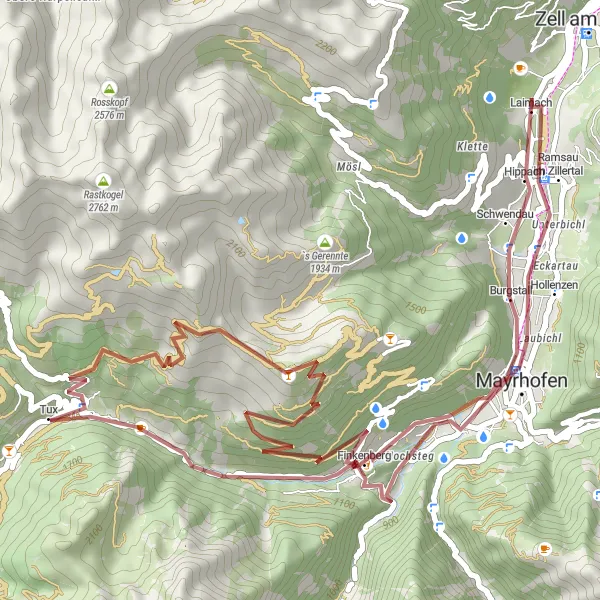 Miniatura della mappa di ispirazione al ciclismo "Avventura alpina a Tux" nella regione di Tirol, Austria. Generata da Tarmacs.app, pianificatore di rotte ciclistiche