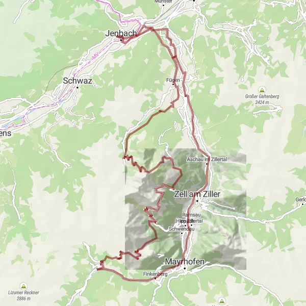 Miniatua del mapa de inspiración ciclista "Recorrido de Grava por las Montañas Zillertal" en Tirol, Austria. Generado por Tarmacs.app planificador de rutas ciclistas