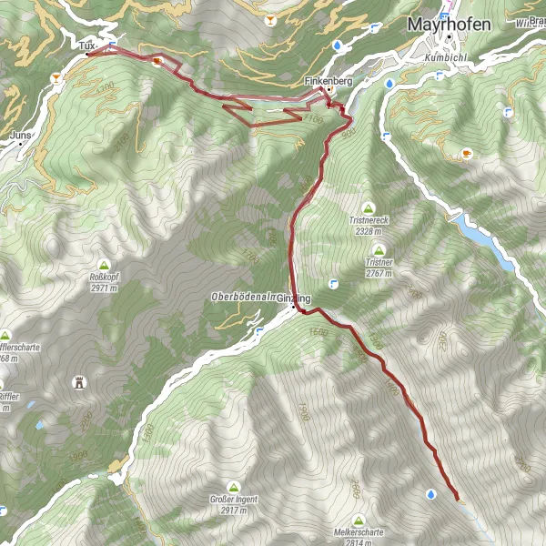 Mapa miniatúra "Gravel cyklistická trasa do okolia Tuxu" cyklistická inšpirácia v Tirol, Austria. Vygenerované cyklistickým plánovačom trás Tarmacs.app