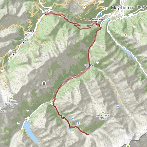 Miniature de la carte de l'inspiration cycliste "Randonnée épique de Tux - Ginzling - Dornau" dans la Tirol, Austria. Générée par le planificateur d'itinéraire cycliste Tarmacs.app