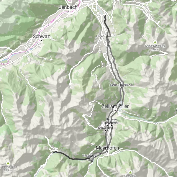 Mapa miniatúra "Zážitok cez Zillertalské údolie" cyklistická inšpirácia v Tirol, Austria. Vygenerované cyklistickým plánovačom trás Tarmacs.app