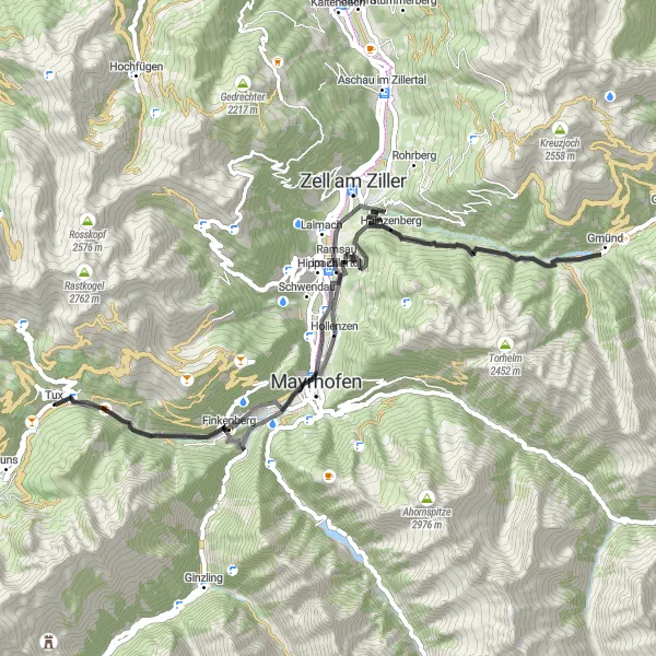 Miniatura della mappa di ispirazione al ciclismo "Esplorazione delle valli tirolese" nella regione di Tirol, Austria. Generata da Tarmacs.app, pianificatore di rotte ciclistiche