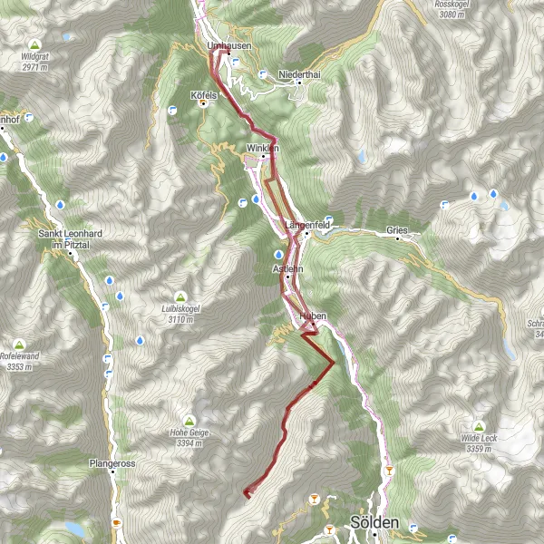 Map miniature of "Umhausen to Espan" cycling inspiration in Tirol, Austria. Generated by Tarmacs.app cycling route planner