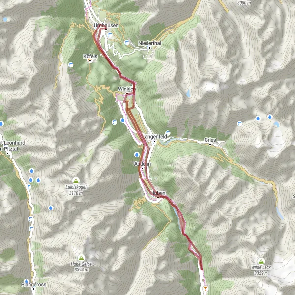 Miniature de la carte de l'inspiration cycliste "Boucle de vélo de gravel autour de Umhausen" dans la Tirol, Austria. Générée par le planificateur d'itinéraire cycliste Tarmacs.app