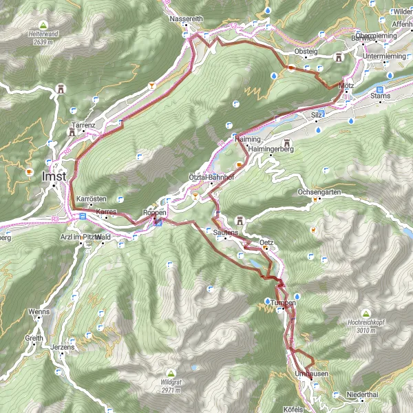 Mapa miniatúra "Gravel okolo Umhausenu" cyklistická inšpirácia v Tirol, Austria. Vygenerované cyklistickým plánovačom trás Tarmacs.app