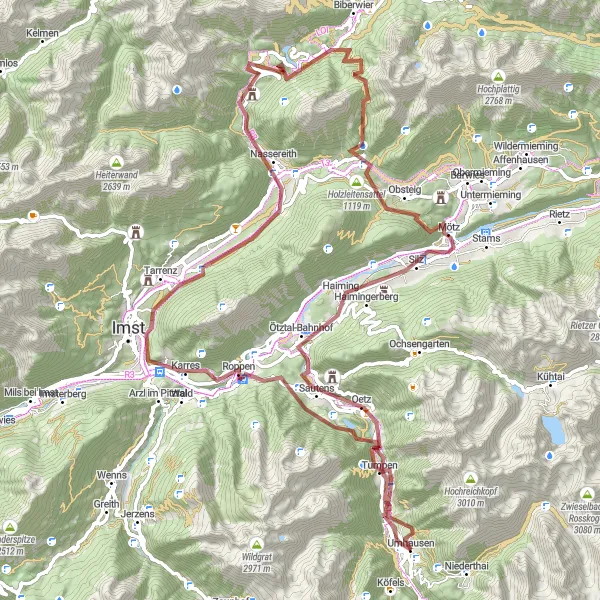 Mapa miniatúra "Cyklotúra okolo Umhausenu cez Fernpass" cyklistická inšpirácia v Tirol, Austria. Vygenerované cyklistickým plánovačom trás Tarmacs.app