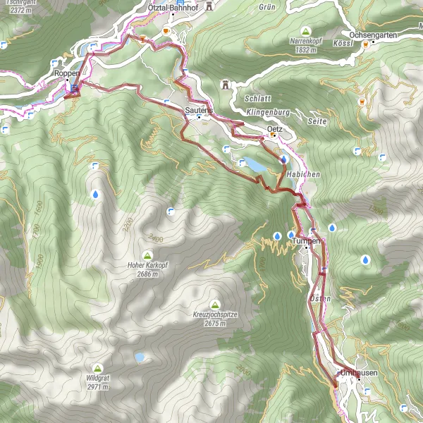 Karttaminiaatyyri "Umhausen - Seejöchl - Piburg - Oetz - Kanzel Loop" pyöräilyinspiraatiosta alueella Tirol, Austria. Luotu Tarmacs.app pyöräilyreittisuunnittelijalla