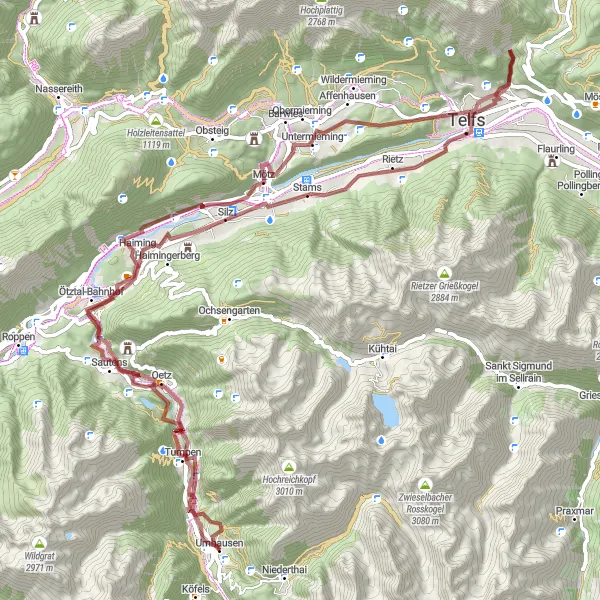 Zemljevid v pomanjšavi "Pustolovska kolesarska pot preko Mötz" kolesarske inspiracije v Tirol, Austria. Generirano z načrtovalcem kolesarskih poti Tarmacs.app