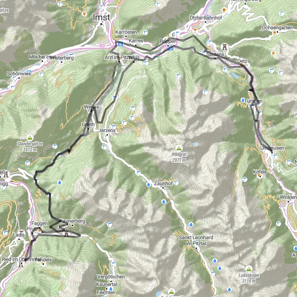 Miniatua del mapa de inspiración ciclista "Desafío en Bici de Carretera por Tirol" en Tirol, Austria. Generado por Tarmacs.app planificador de rutas ciclistas
