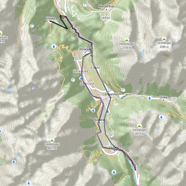 Miniaturekort af cykelinspirationen "Lokale Skatte ved Längenfeld" i Tirol, Austria. Genereret af Tarmacs.app cykelruteplanlægger