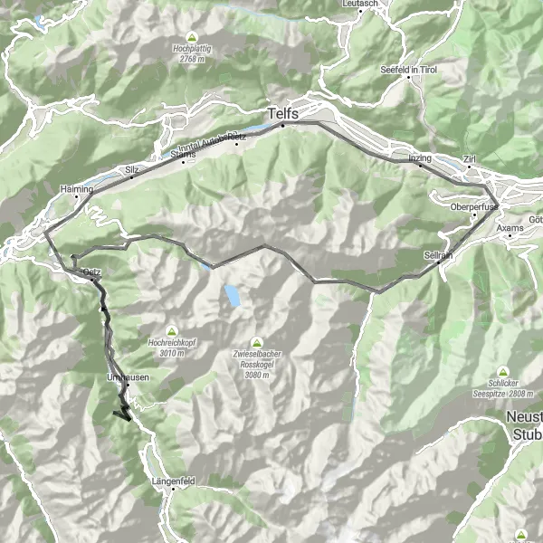 Zemljevid v pomanjšavi "Pot po Tirolskih hribih" kolesarske inspiracije v Tirol, Austria. Generirano z načrtovalcem kolesarskih poti Tarmacs.app