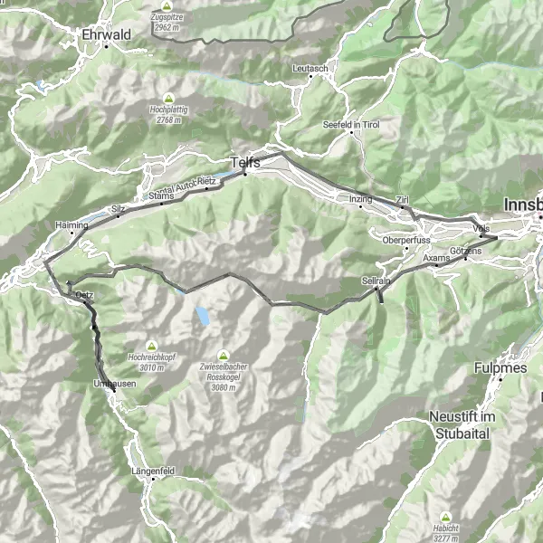 Karttaminiaatyyri "Vuoristoreitti Umhausen-Ochsengarten" pyöräilyinspiraatiosta alueella Tirol, Austria. Luotu Tarmacs.app pyöräilyreittisuunnittelijalla