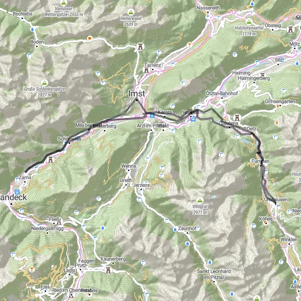 Miniatura della mappa di ispirazione al ciclismo "Avventurosa pedalata attraverso Sautens e Roppen" nella regione di Tirol, Austria. Generata da Tarmacs.app, pianificatore di rotte ciclistiche