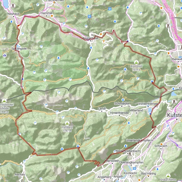 Mapa miniatúra "Gravel Loop to Kaiserklamm and Spitzingsee" cyklistická inšpirácia v Tirol, Austria. Vygenerované cyklistickým plánovačom trás Tarmacs.app