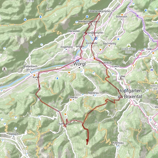 Miniatua del mapa de inspiración ciclista "Aventura en Gravel por Riederberg y Auffach" en Tirol, Austria. Generado por Tarmacs.app planificador de rutas ciclistas