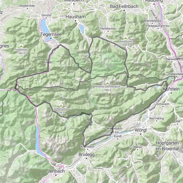 Zemljevid v pomanjšavi "Razburljiva cestna pot - velika razdalja" kolesarske inspiracije v Tirol, Austria. Generirano z načrtovalcem kolesarskih poti Tarmacs.app