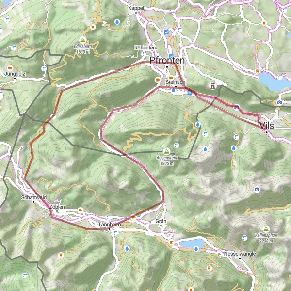 Miniatuurkaart van de fietsinspiratie "Unieke gravelroute rond Vils" in Tirol, Austria. Gemaakt door de Tarmacs.app fietsrouteplanner