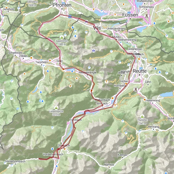 Miniatua del mapa de inspiración ciclista "Ruta en grava desde Vils a Burgruine Vilsegg" en Tirol, Austria. Generado por Tarmacs.app planificador de rutas ciclistas