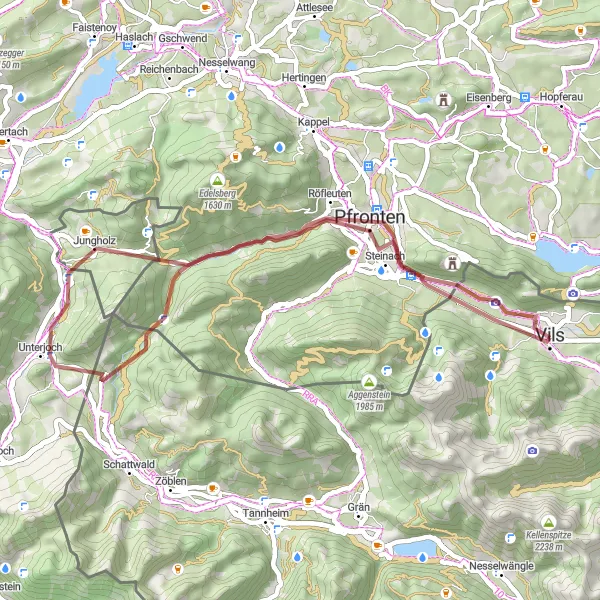 Map miniature of "Scenic Gravel Ride to Pfronten and Jungholz" cycling inspiration in Tirol, Austria. Generated by Tarmacs.app cycling route planner