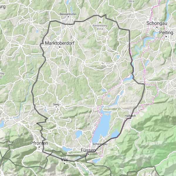 Miniatura della mappa di ispirazione al ciclismo "Giro in bicicletta da Vils a Füssen attraverso Burgberg" nella regione di Tirol, Austria. Generata da Tarmacs.app, pianificatore di rotte ciclistiche