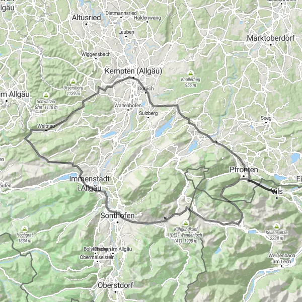 Miniatua del mapa de inspiración ciclista "Ruta desde Vils a Mittelberg" en Tirol, Austria. Generado por Tarmacs.app planificador de rutas ciclistas