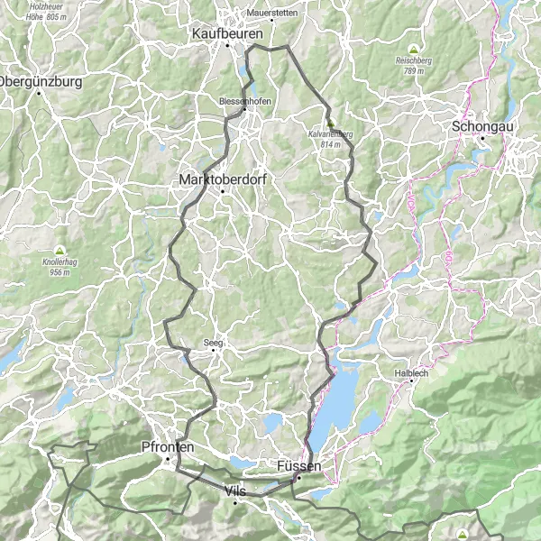 Mapa miniatúra "Road cyklotúra okolo Füssen" cyklistická inšpirácia v Tirol, Austria. Vygenerované cyklistickým plánovačom trás Tarmacs.app