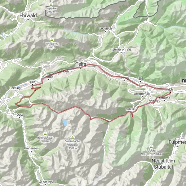 Zemljevid v pomanjšavi "Ekstremno gravel kolesarjenje od Inzbrucka do Völsa" kolesarske inspiracije v Tirol, Austria. Generirano z načrtovalcem kolesarskih poti Tarmacs.app