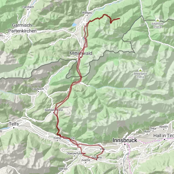 Miniatura della mappa di ispirazione al ciclismo "Tour delle Alpi tra Völs e Krün" nella regione di Tirol, Austria. Generata da Tarmacs.app, pianificatore di rotte ciclistiche