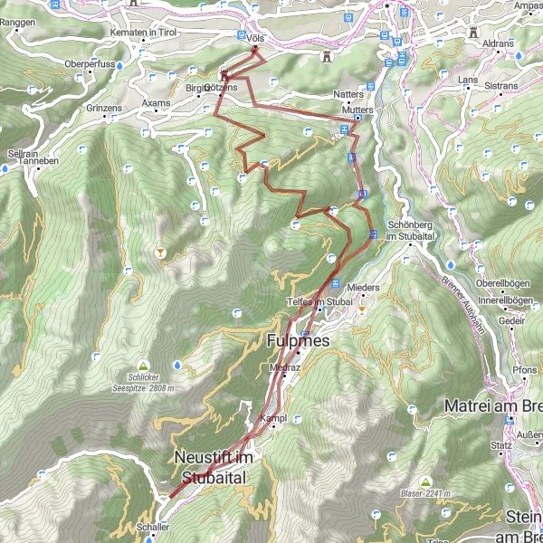 Miniatura della mappa di ispirazione al ciclismo "Gravellare da Völs a Natters" nella regione di Tirol, Austria. Generata da Tarmacs.app, pianificatore di rotte ciclistiche