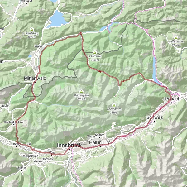 Miniatua del mapa de inspiración ciclista "Desafiante ruta de grava a través de paisajes variados" en Tirol, Austria. Generado por Tarmacs.app planificador de rutas ciclistas